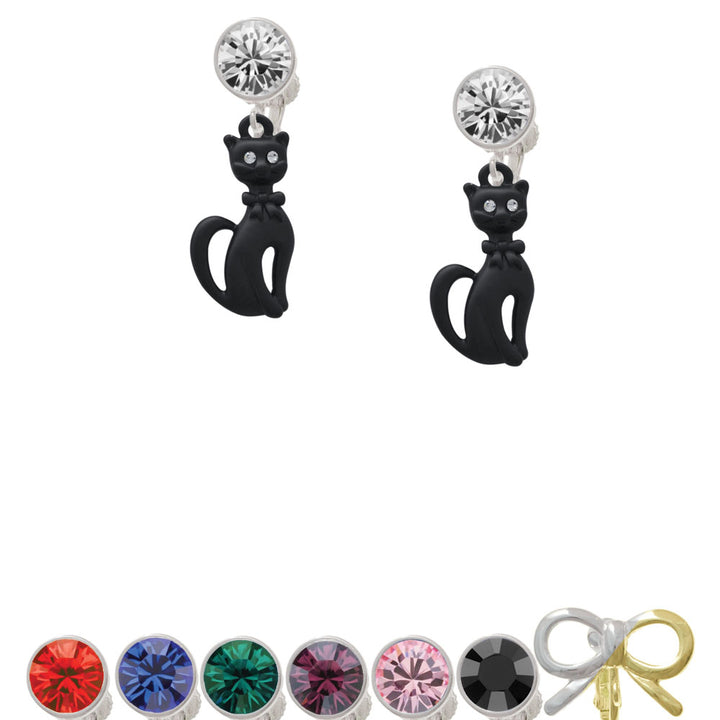 Tall Sitting Matte Black Cat Crystal Clip On Earrings Image 1