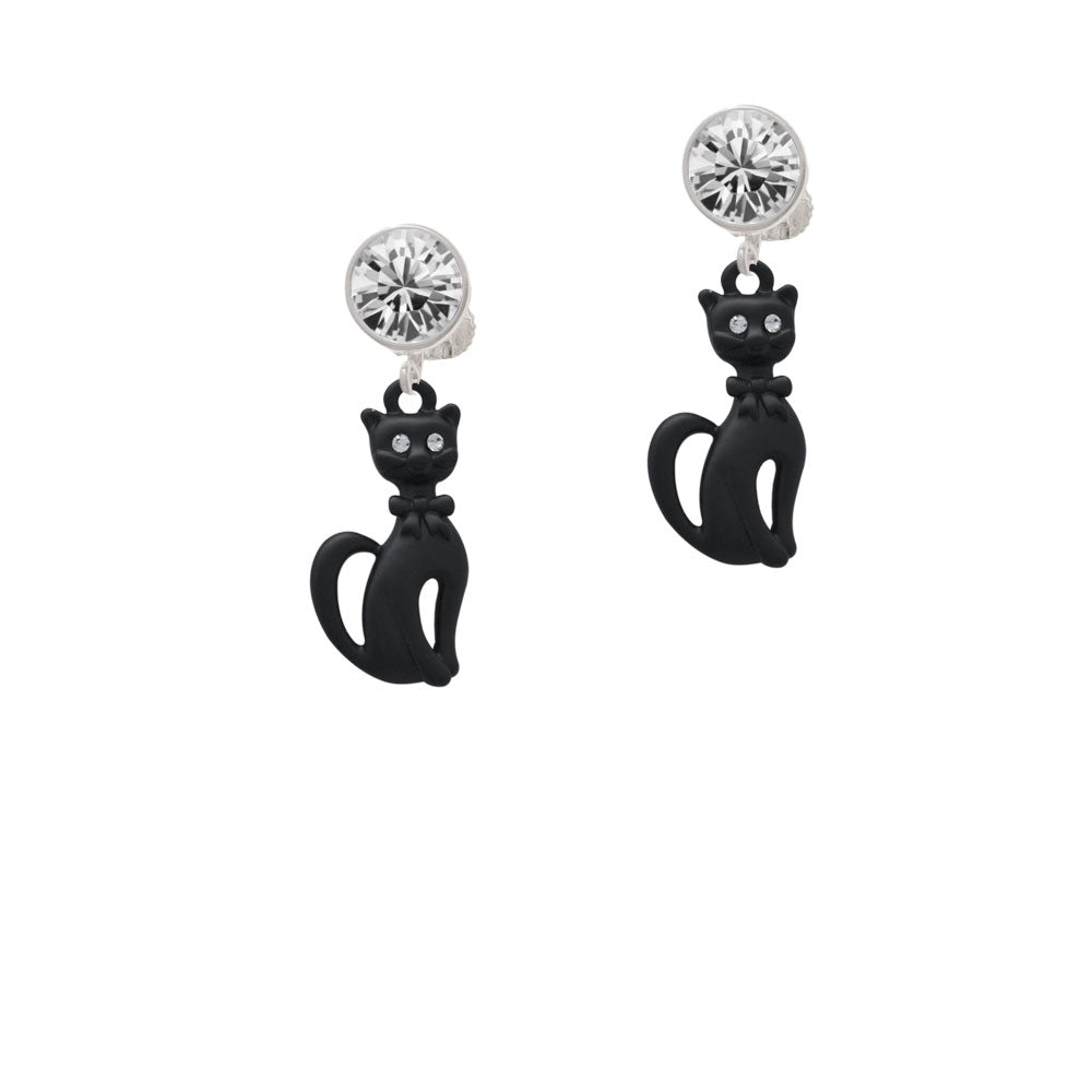 Tall Sitting Matte Black Cat Crystal Clip On Earrings Image 2