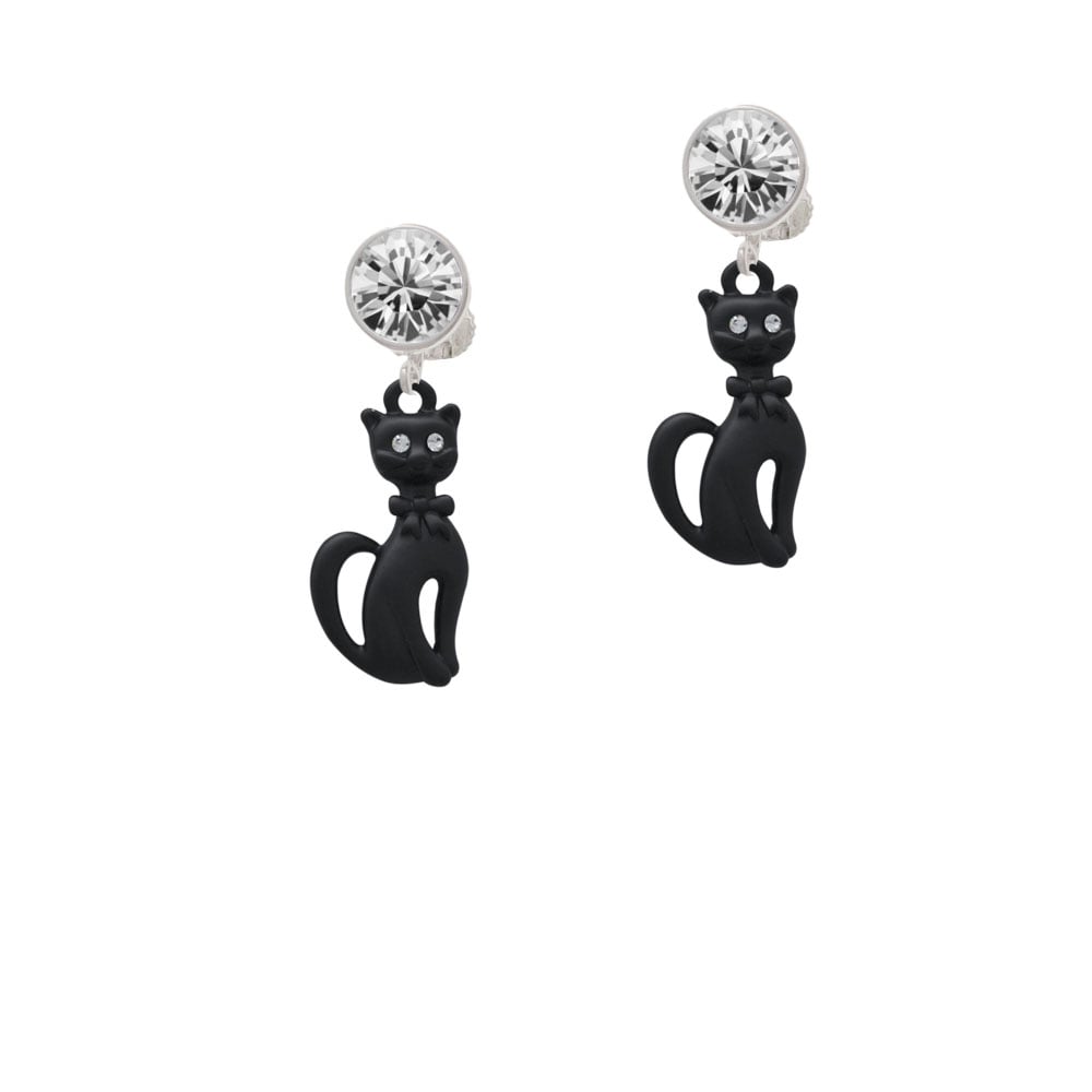 Tall Sitting Matte Black Cat Crystal Clip On Earrings Image 1