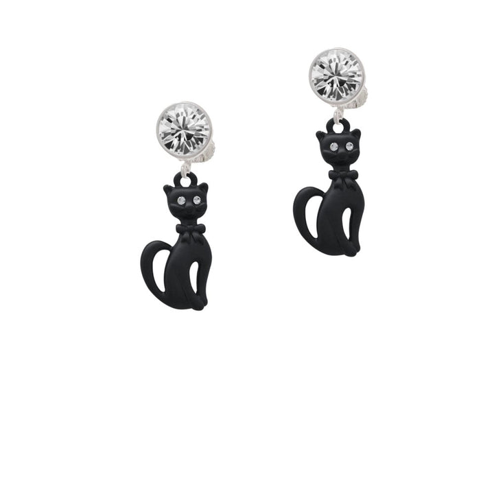 Tall Sitting Matte Black Cat Crystal Clip On Earrings Image 1