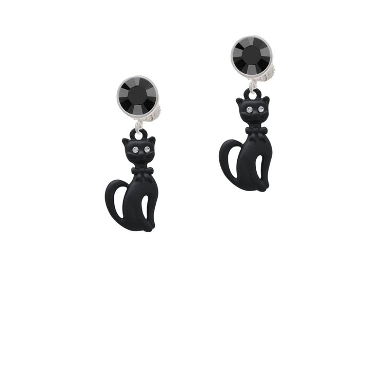 Tall Sitting Matte Black Cat Crystal Clip On Earrings Image 3