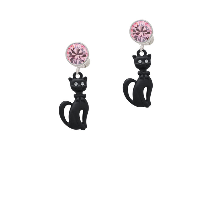 Tall Sitting Matte Black Cat Crystal Clip On Earrings Image 4