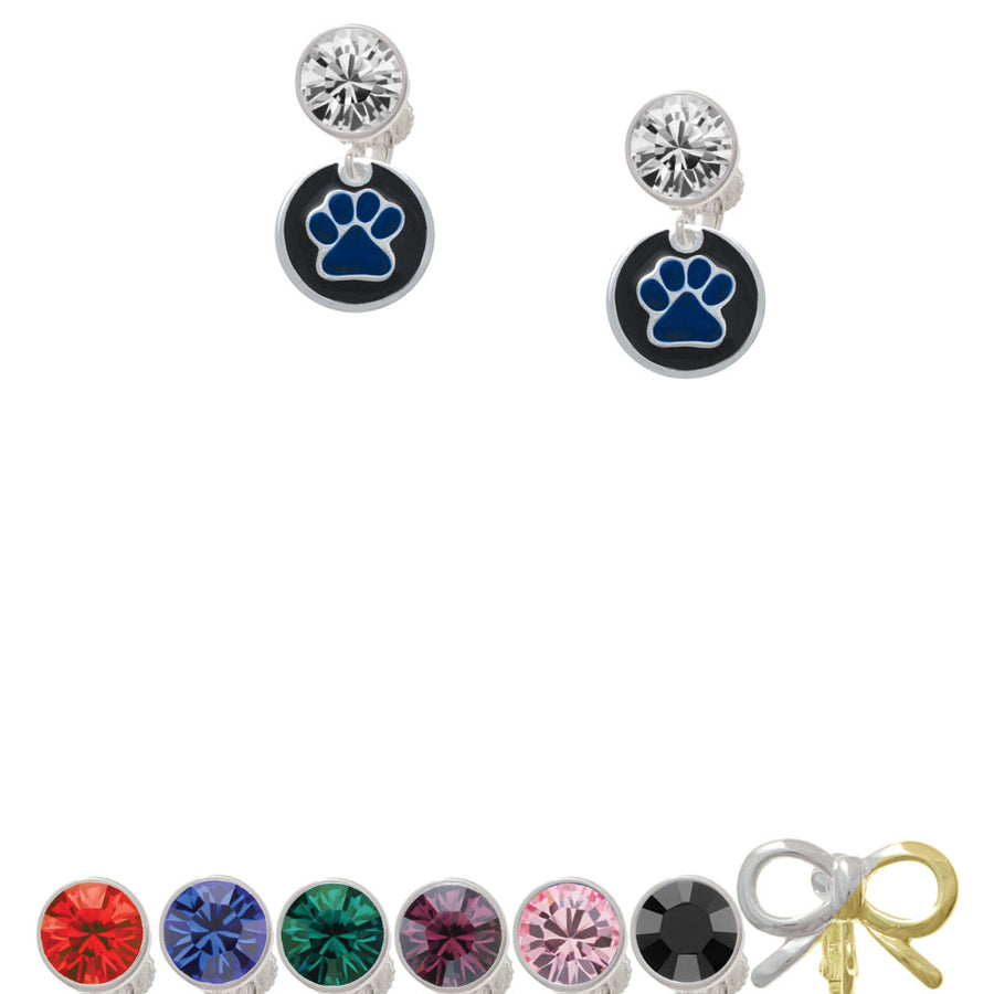 Royal Blue Paw on Black Disc Crystal Clip On Earrings Image 1