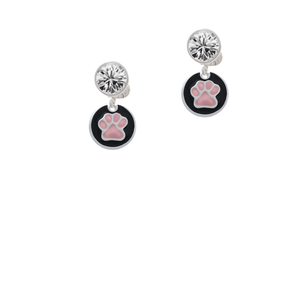 Pink Paw on Black Disc Crystal Clip On Earrings Image 2