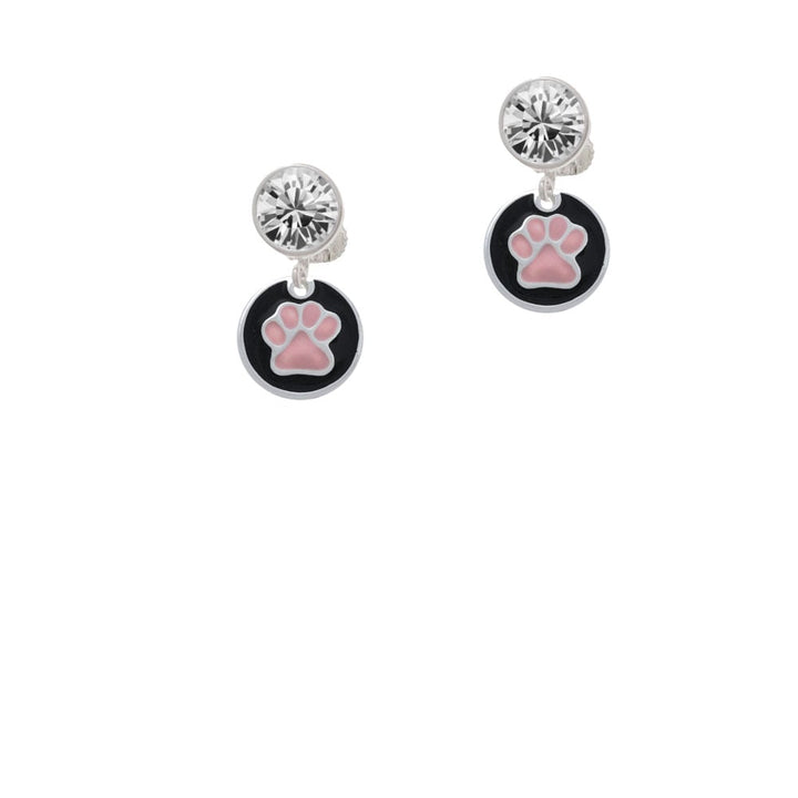 Pink Paw on Black Disc Crystal Clip On Earrings Image 1