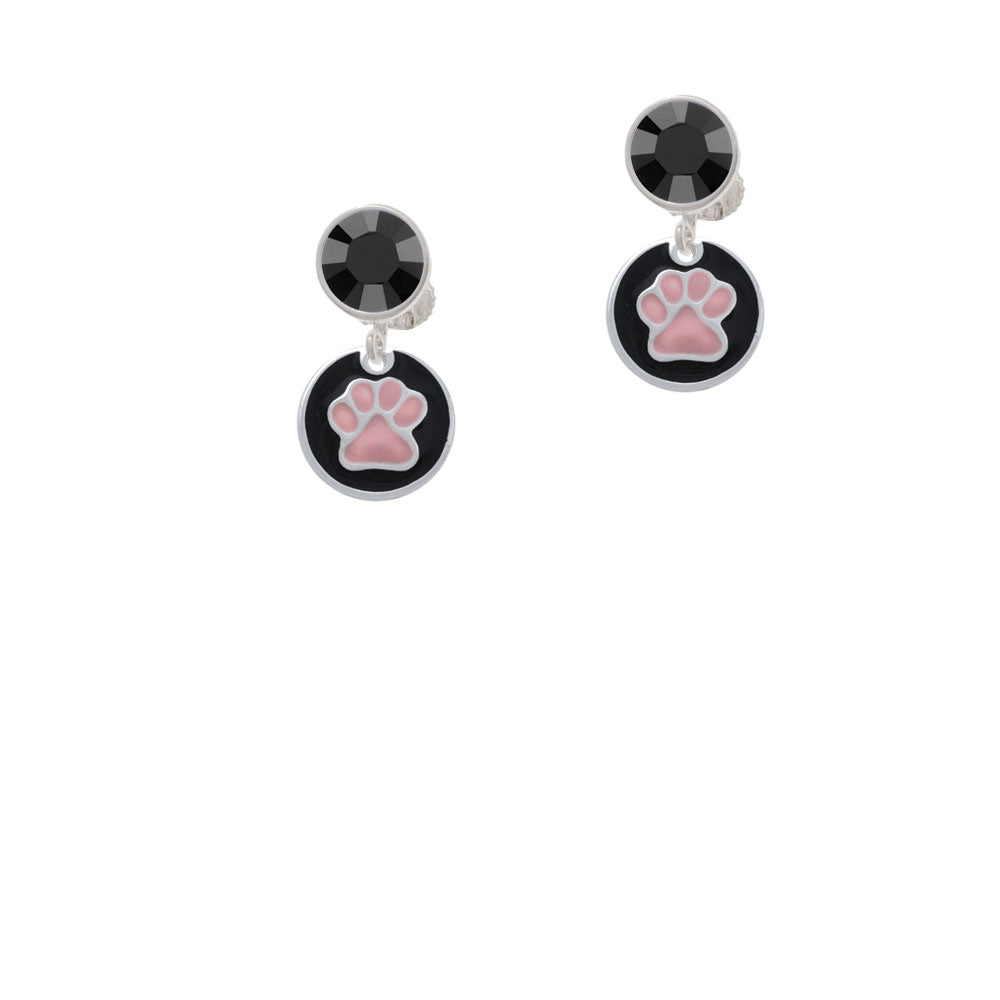 Pink Paw on Black Disc Crystal Clip On Earrings Image 3