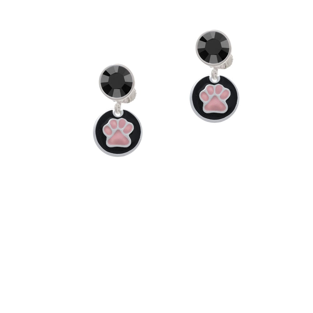 Pink Paw on Black Disc Crystal Clip On Earrings Image 1