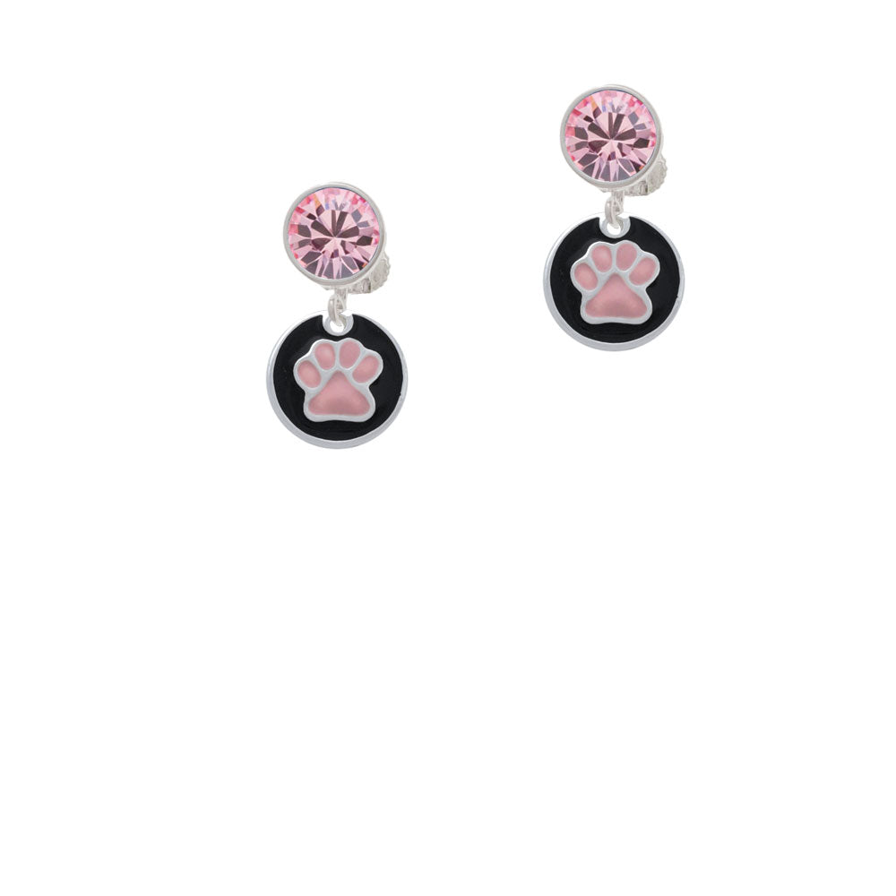 Pink Paw on Black Disc Crystal Clip On Earrings Image 4