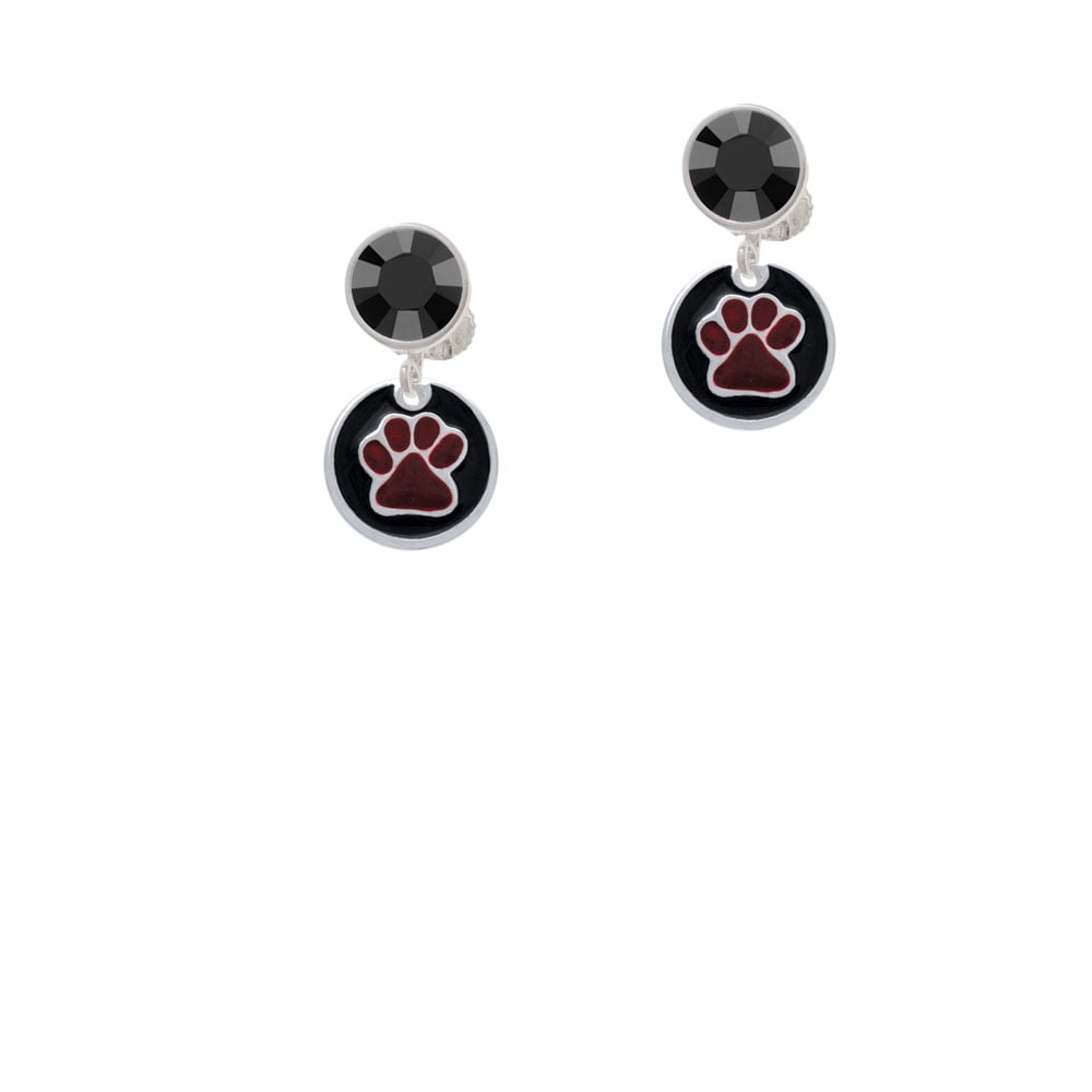 Maroon Paw on Black Disc Crystal Clip On Earrings Image 1