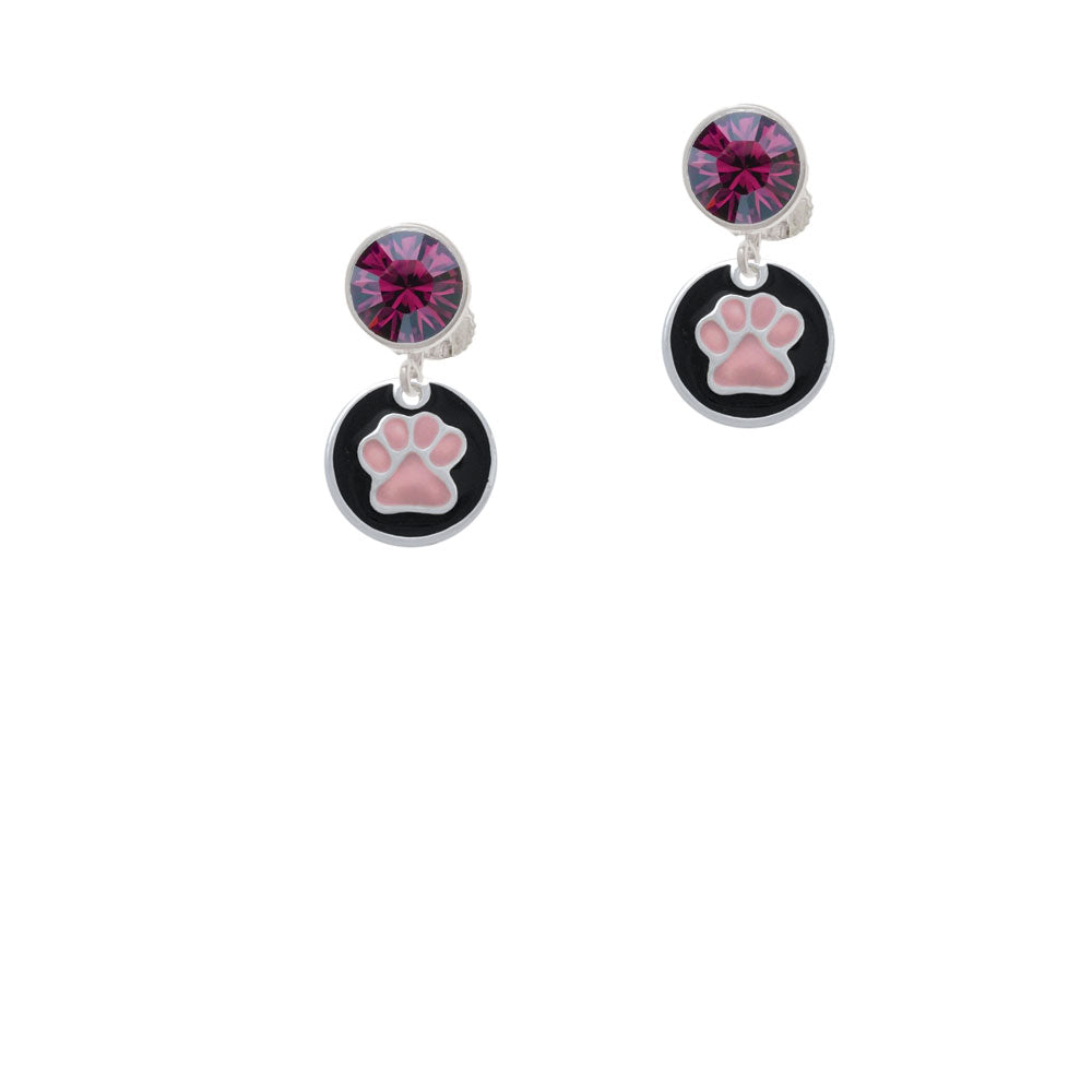 Pink Paw on Black Disc Crystal Clip On Earrings Image 8