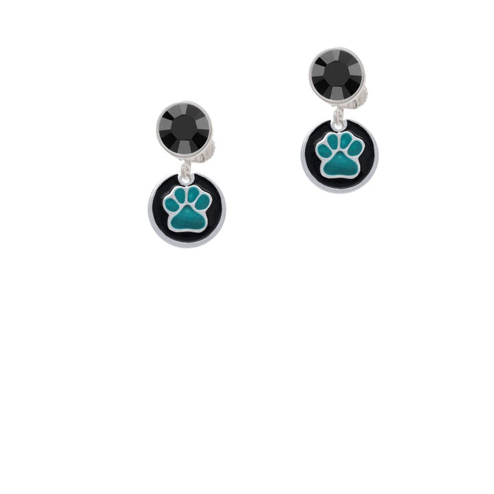 Teal Paw on Black Disc Crystal Clip On Earrings Image 3