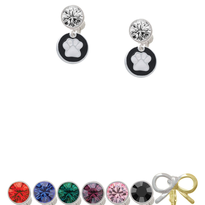 White Paw on Black Disc Crystal Clip On Earrings Image 1