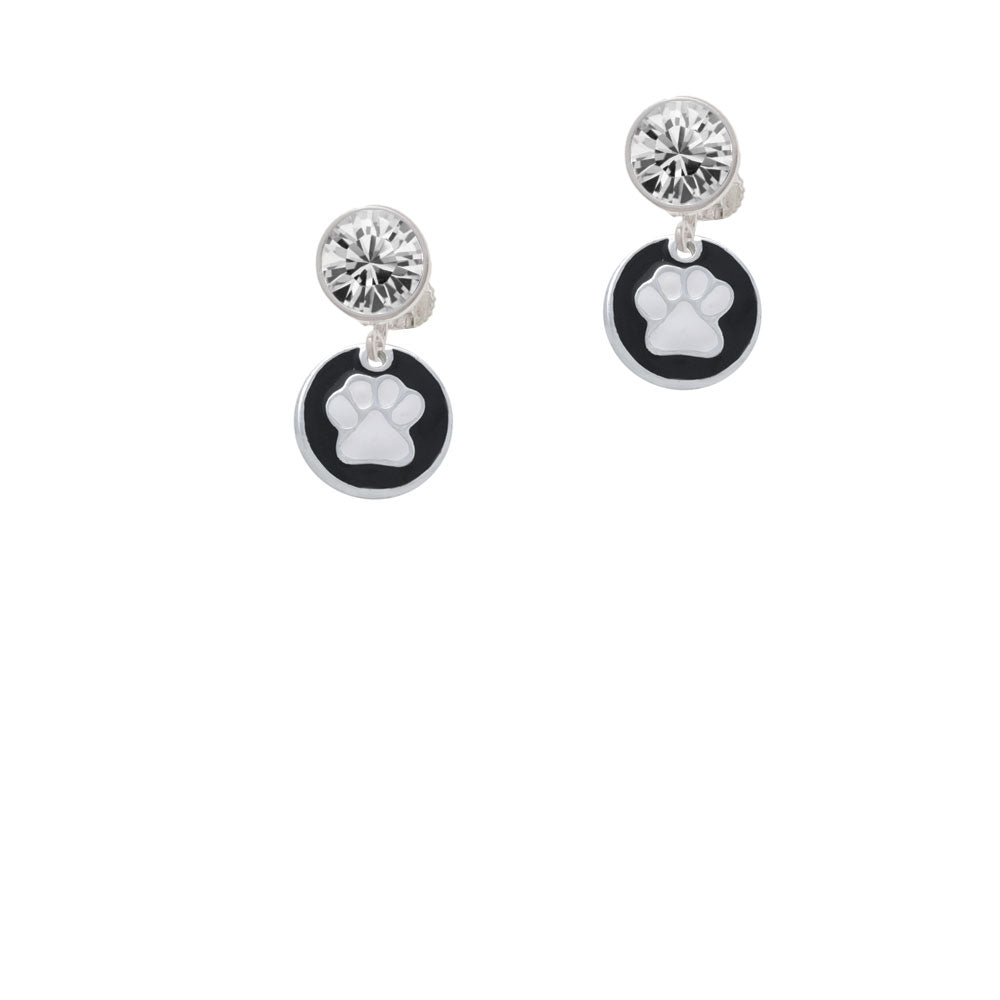 White Paw on Black Disc Crystal Clip On Earrings Image 2