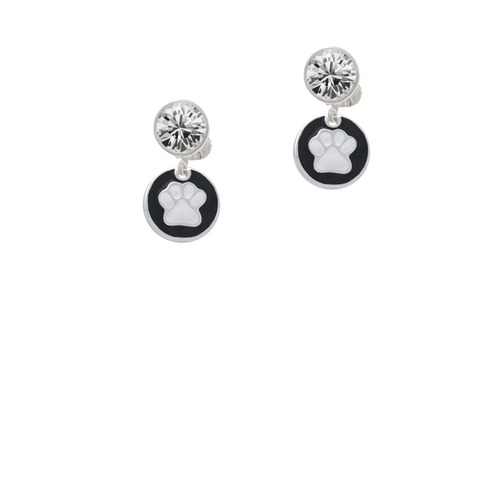 White Paw on Black Disc Crystal Clip On Earrings Image 1