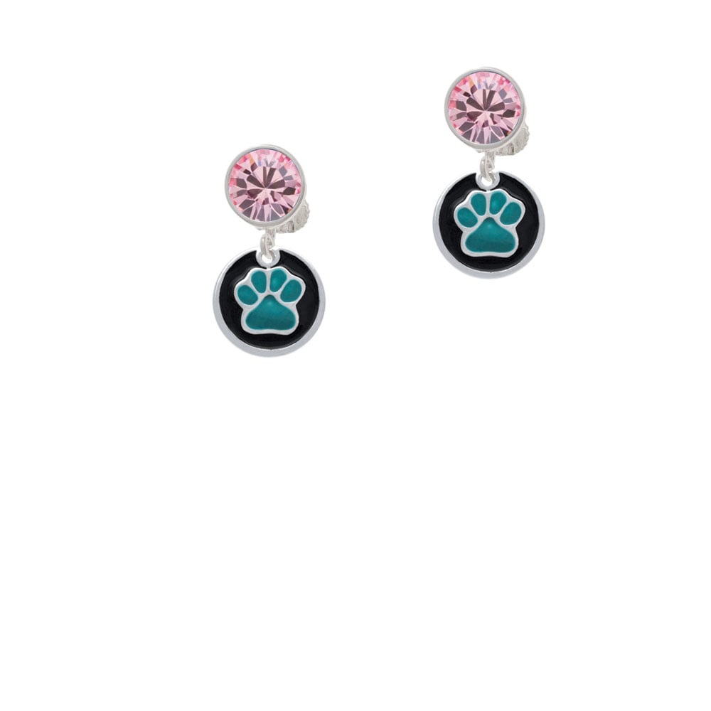 Teal Paw on Black Disc Crystal Clip On Earrings Image 4