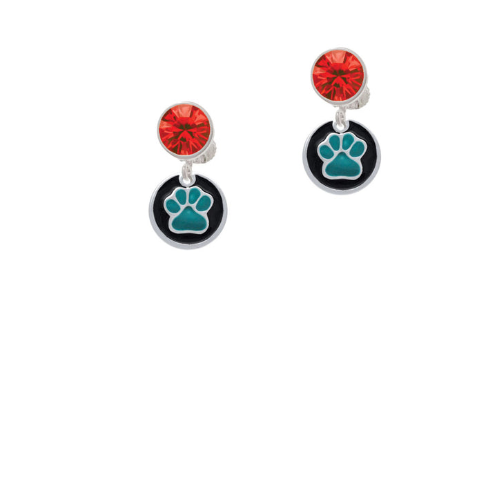 Teal Paw on Black Disc Crystal Clip On Earrings Image 4