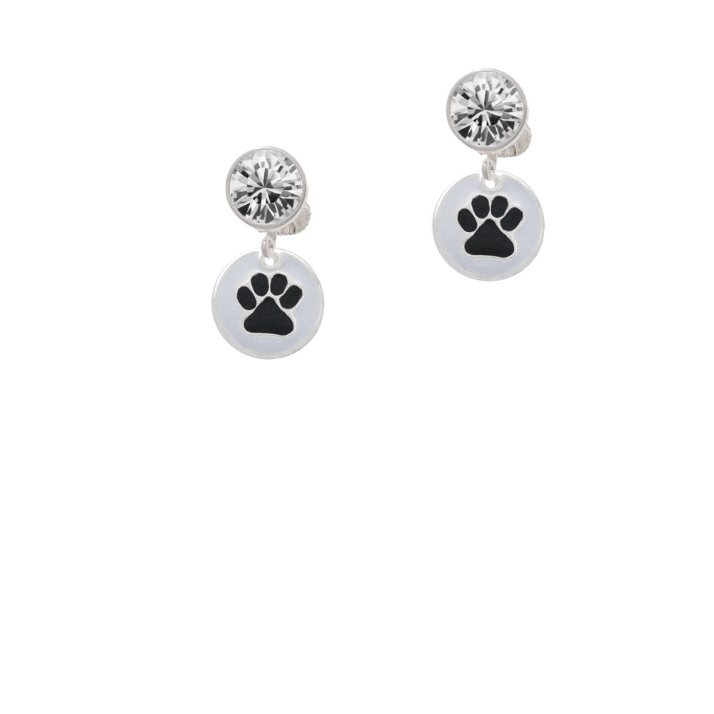 Black Paw on White Disc Crystal Clip On Earrings Image 2