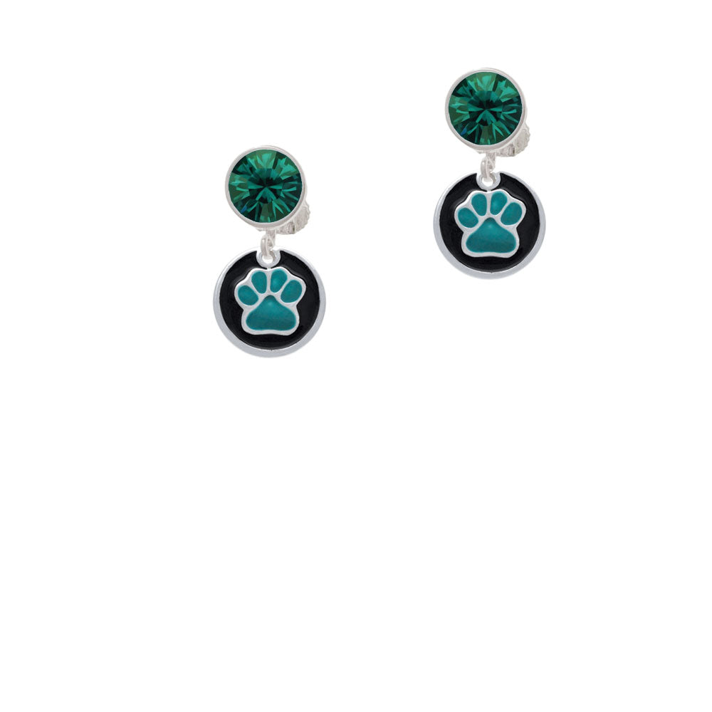 Teal Paw on Black Disc Crystal Clip On Earrings Image 6