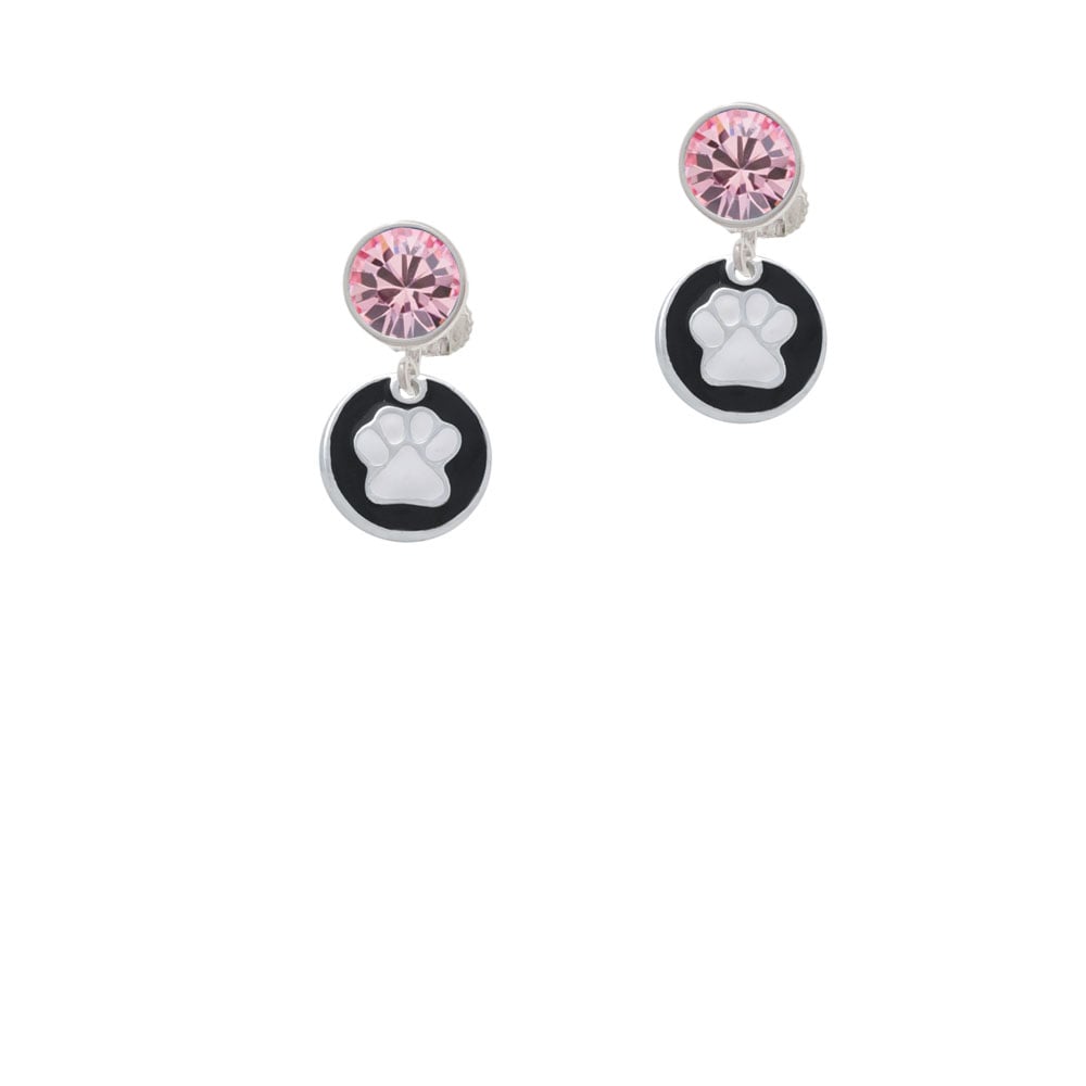 White Paw on Black Disc Crystal Clip On Earrings Image 1