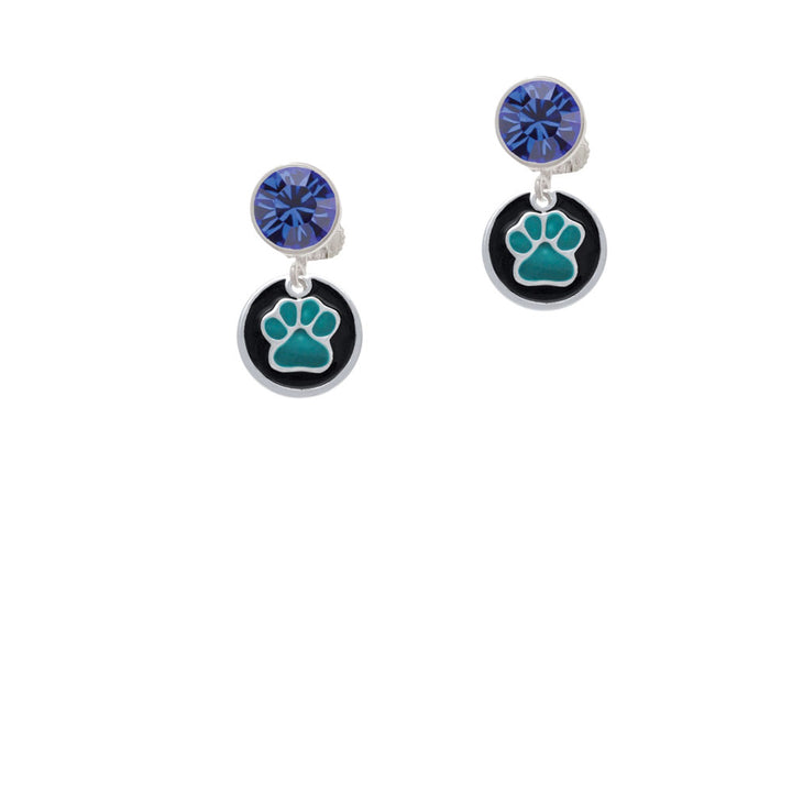 Teal Paw on Black Disc Crystal Clip On Earrings Image 7