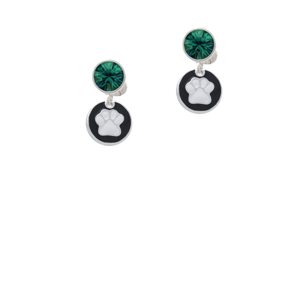 White Paw on Black Disc Crystal Clip On Earrings Image 1