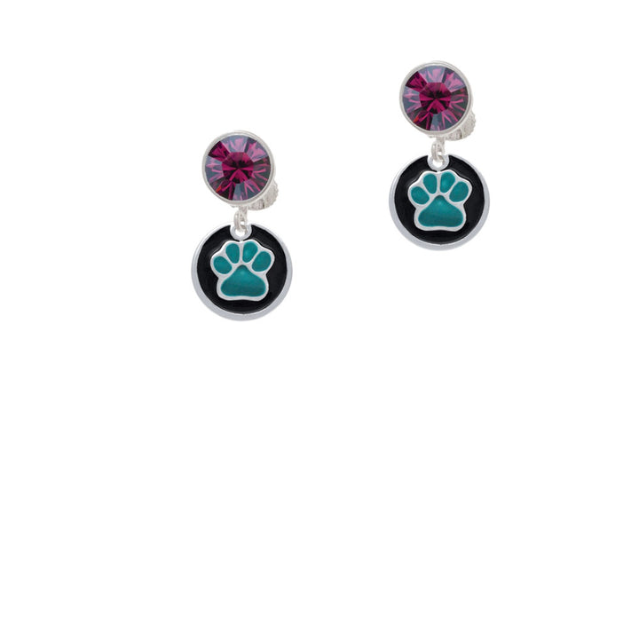 Teal Paw on Black Disc Crystal Clip On Earrings Image 8