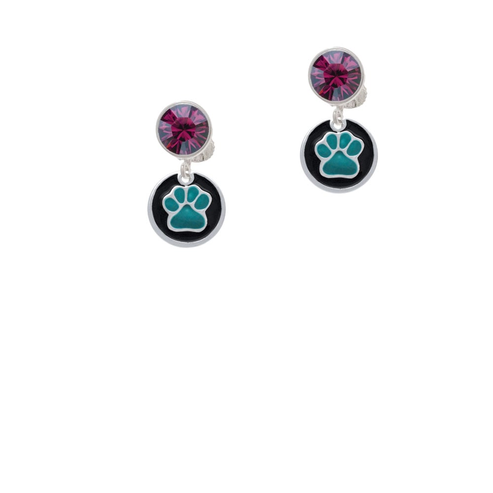 Teal Paw on Black Disc Crystal Clip On Earrings Image 1