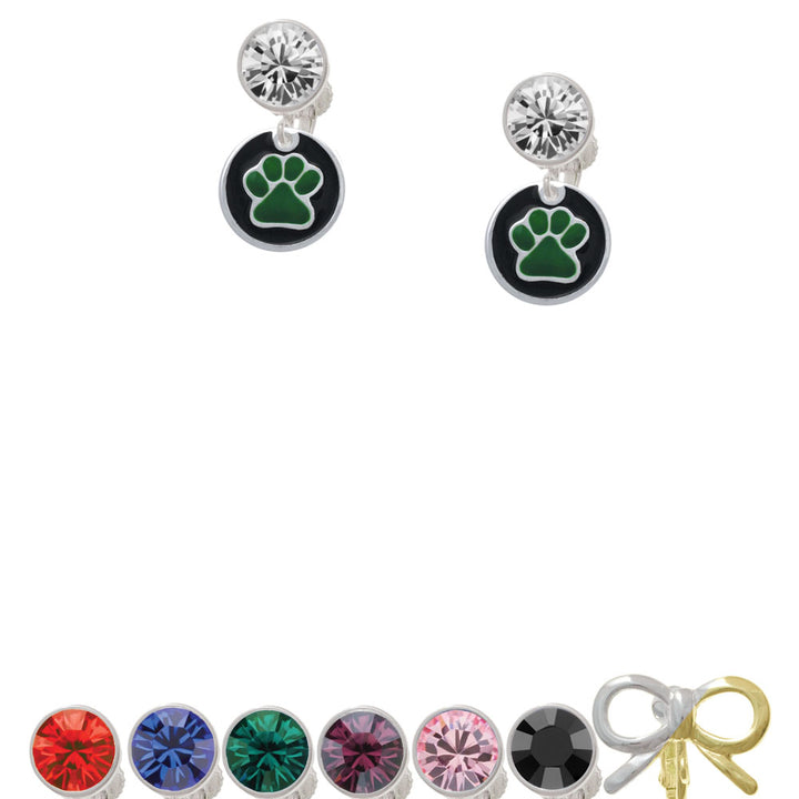 Green Paw on Black Disc Crystal Clip On Earrings Image 1