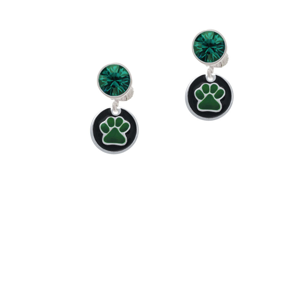 Green Paw on Black Disc Crystal Clip On Earrings Image 6