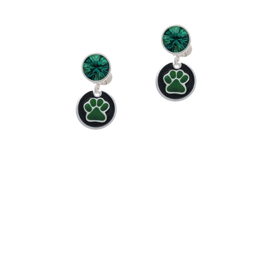 Green Paw on Black Disc Crystal Clip On Earrings Image 1