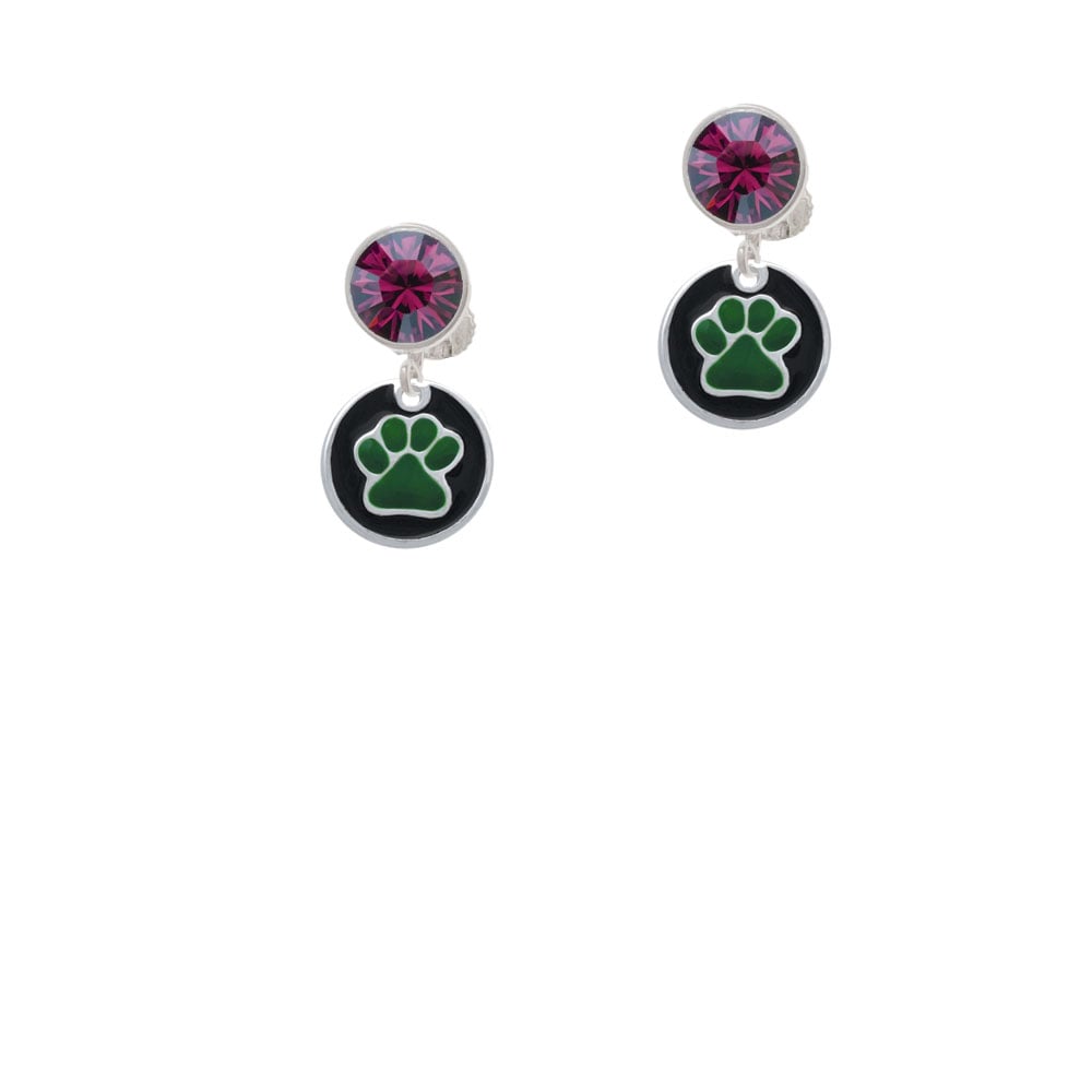 Green Paw on Black Disc Crystal Clip On Earrings Image 1