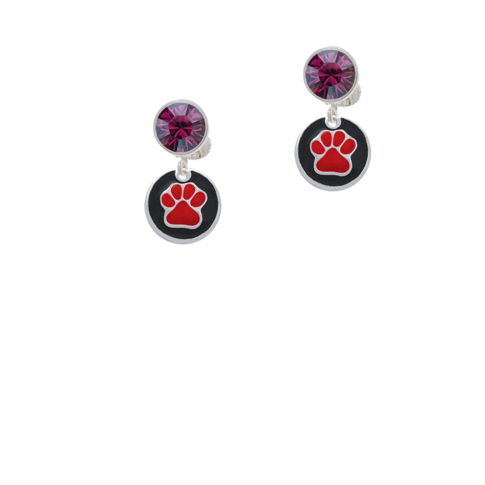 Red Paw on Black Disc Crystal Clip On Earrings Image 8