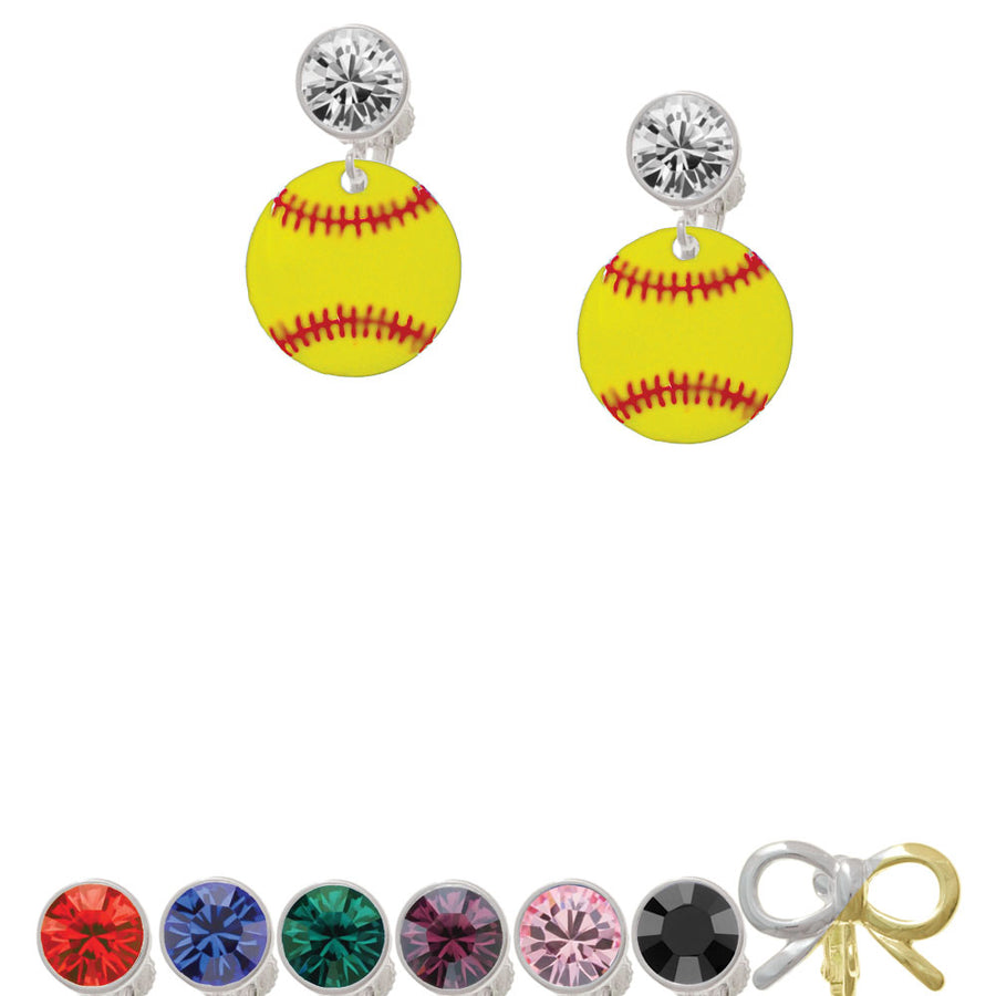 3/4 Enamel Softball Crystal Clip On Earrings Image 1