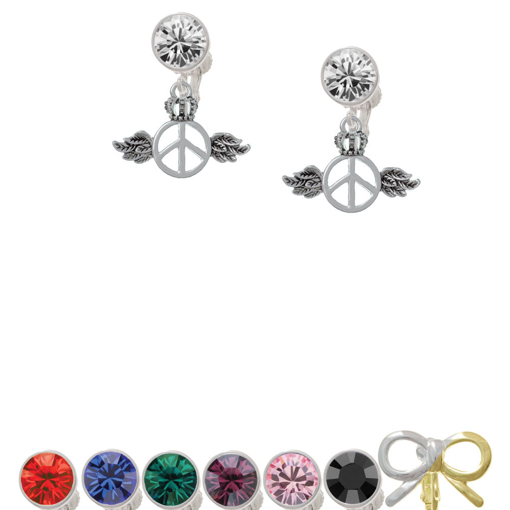 Winged Peace Sign with Crown Crystal Clip On Earrings Image 1