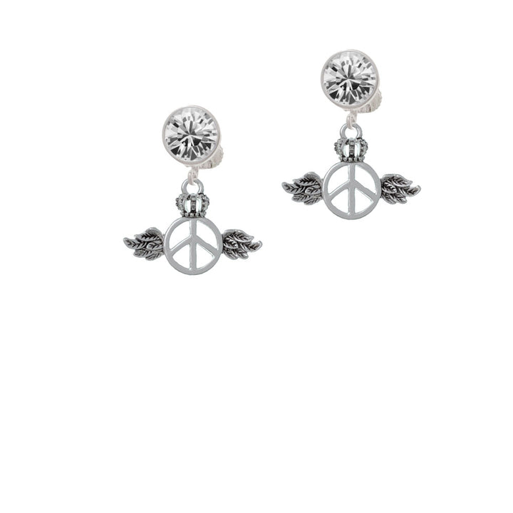 Winged Peace Sign with Crown Crystal Clip On Earrings Image 2