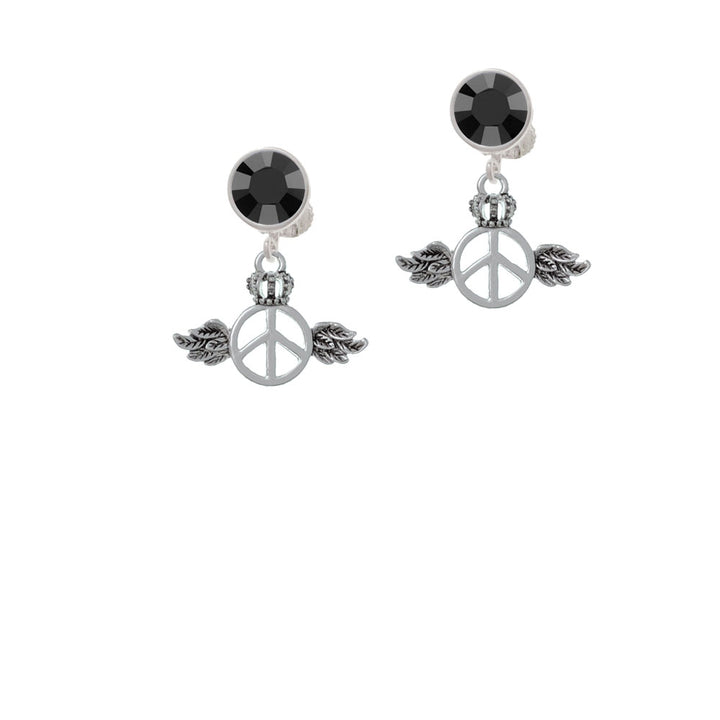 Winged Peace Sign with Crown Crystal Clip On Earrings Image 3