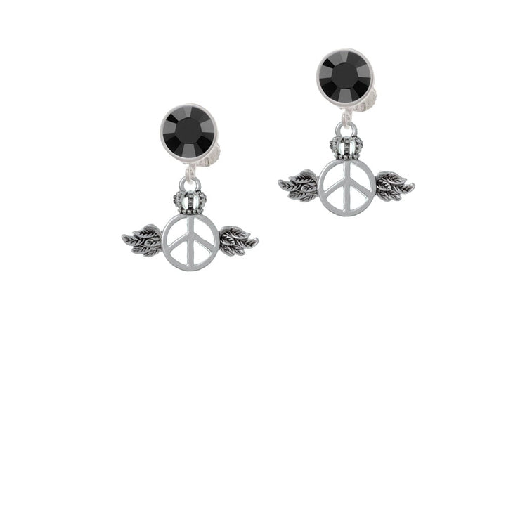 Winged Peace Sign with Crown Crystal Clip On Earrings Image 1