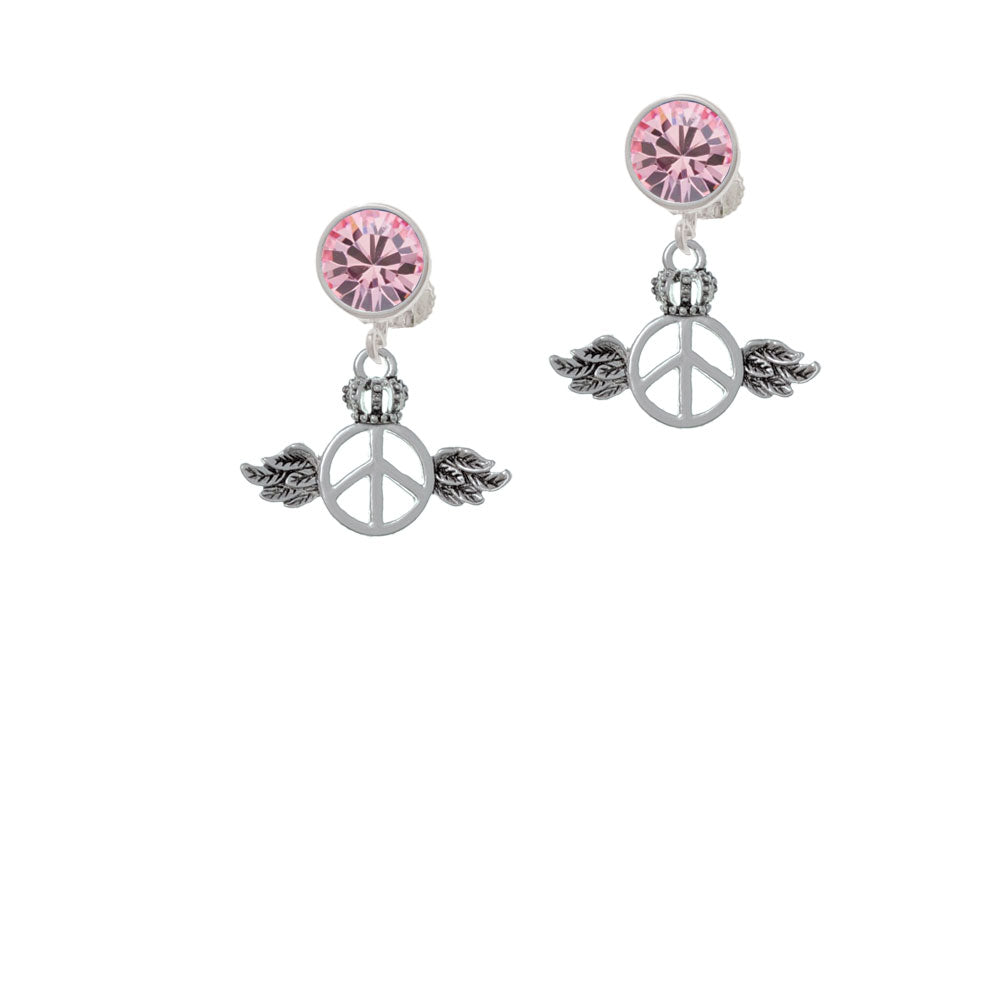 Winged Peace Sign with Crown Crystal Clip On Earrings Image 4