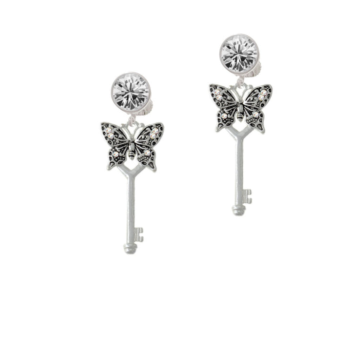 Antiqued Butterfly Key with AB Crystals Crystal Clip On Earrings Image 2