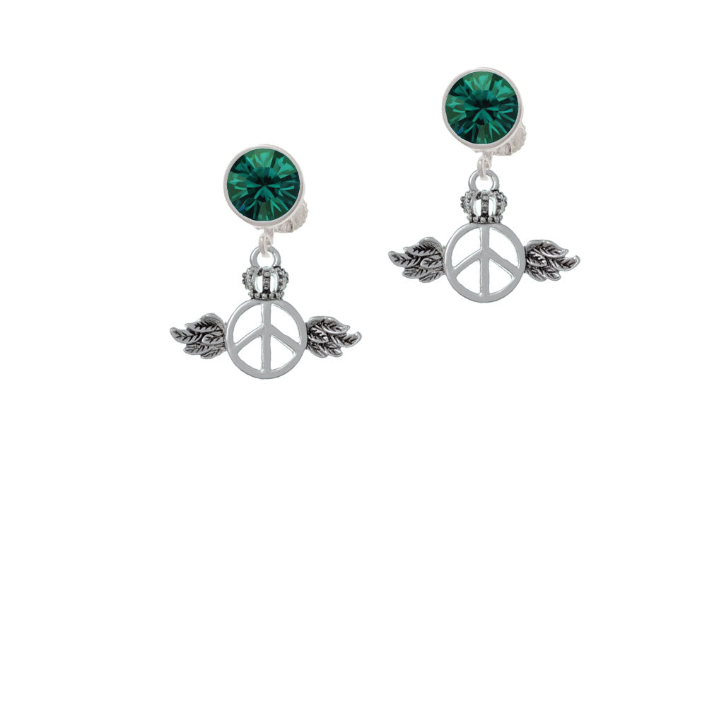 Winged Peace Sign with Crown Crystal Clip On Earrings Image 6