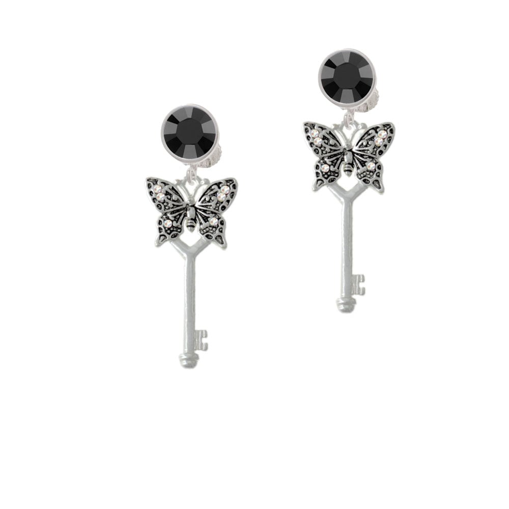 Antiqued Butterfly Key with AB Crystals Crystal Clip On Earrings Image 1