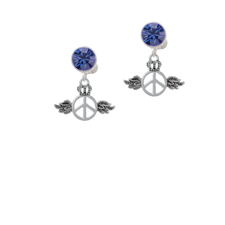 Winged Peace Sign with Crown Crystal Clip On Earrings Image 7