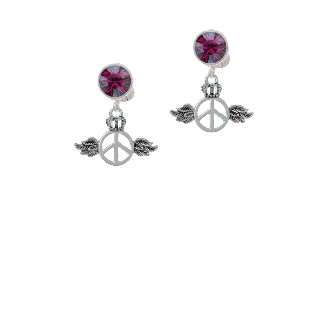 Winged Peace Sign with Crown Crystal Clip On Earrings Image 8