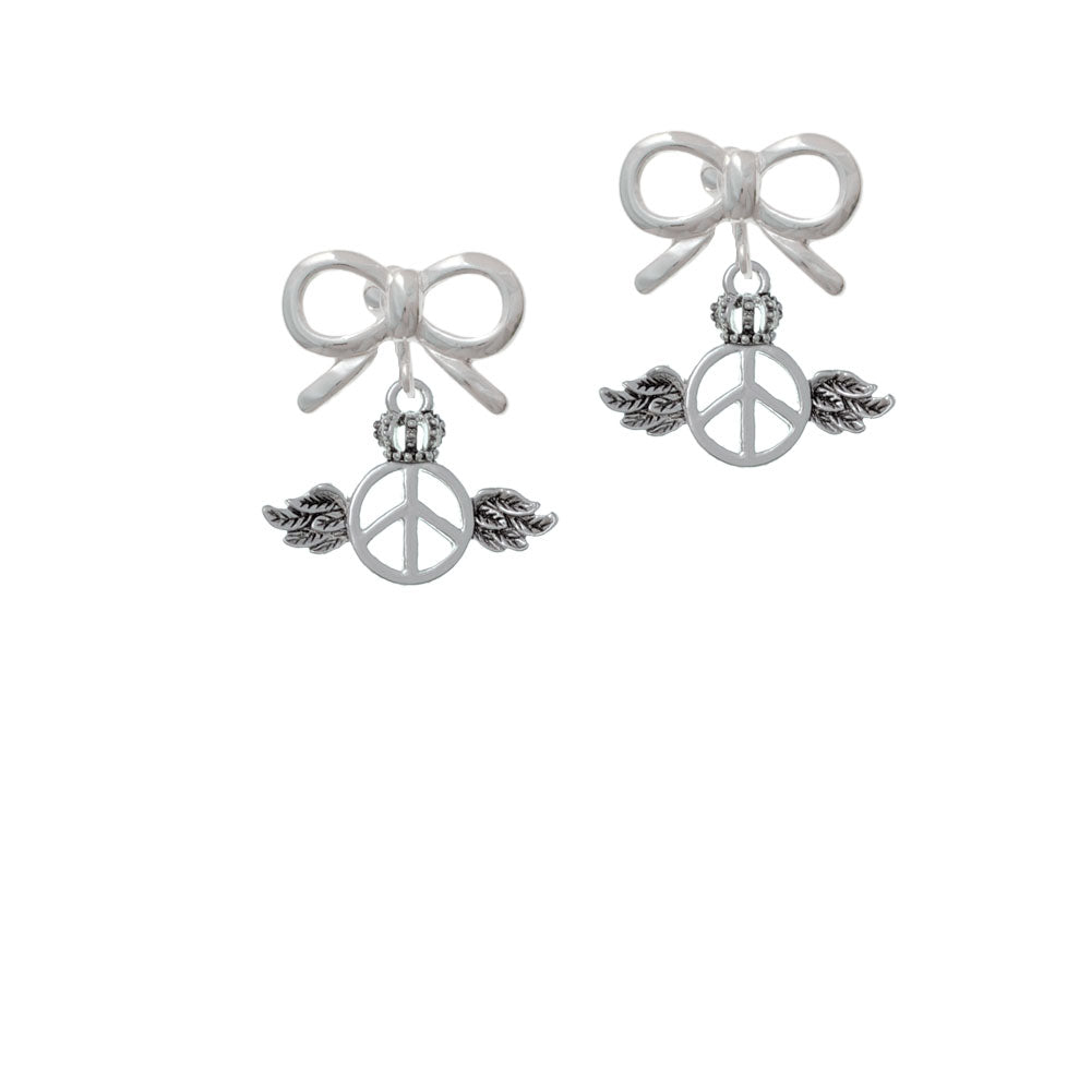 Winged Peace Sign with Crown Crystal Clip On Earrings Image 9