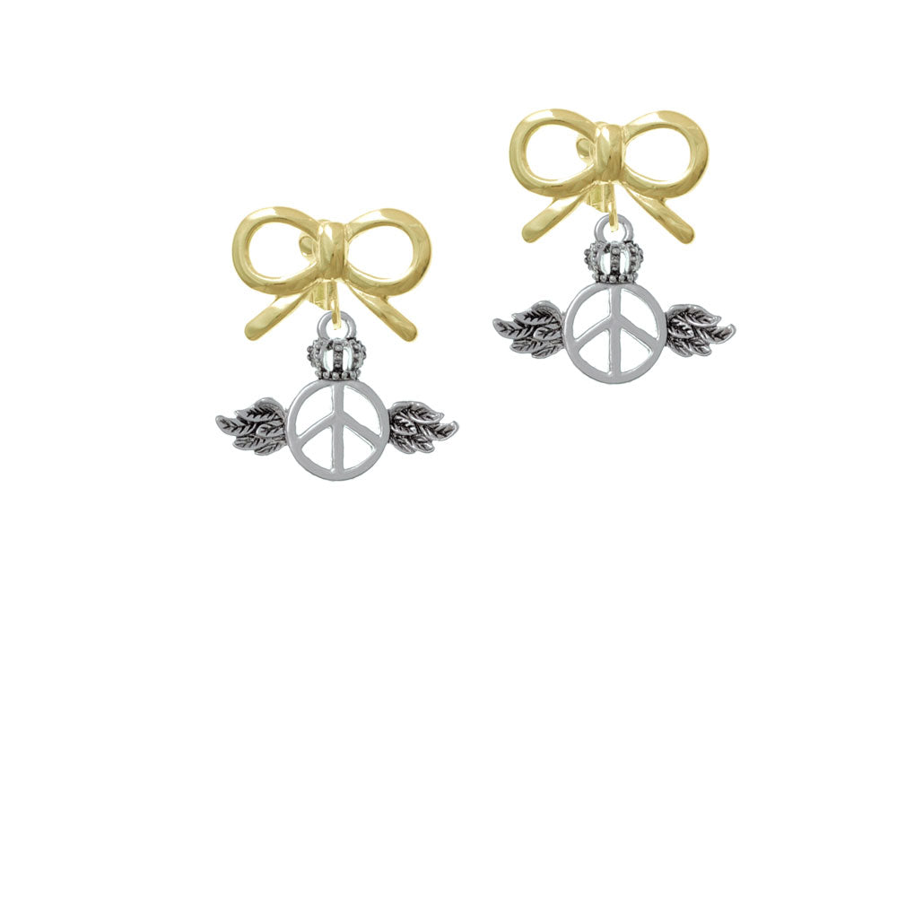 Winged Peace Sign with Crown Crystal Clip On Earrings Image 10