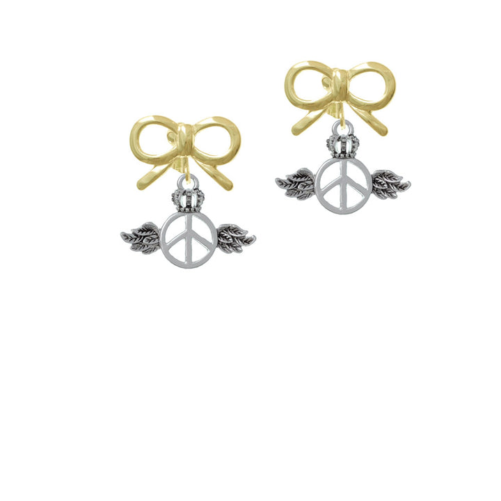 Winged Peace Sign with Crown Crystal Clip On Earrings Image 10