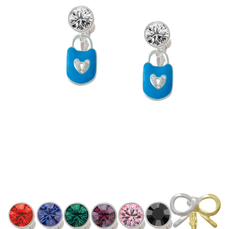 Hot Blue Enamel Lock with Clear Crystals Crystal Clip On Earrings Image 1