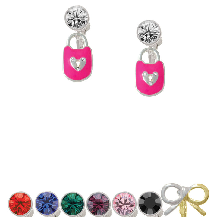 Hot Pink Enamel Lock with Clear Crystals Crystal Clip On Earrings Image 1