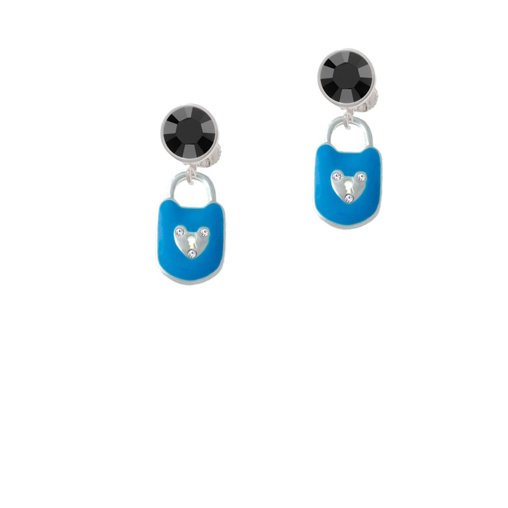 Hot Blue Enamel Lock with Clear Crystals Crystal Clip On Earrings Image 3