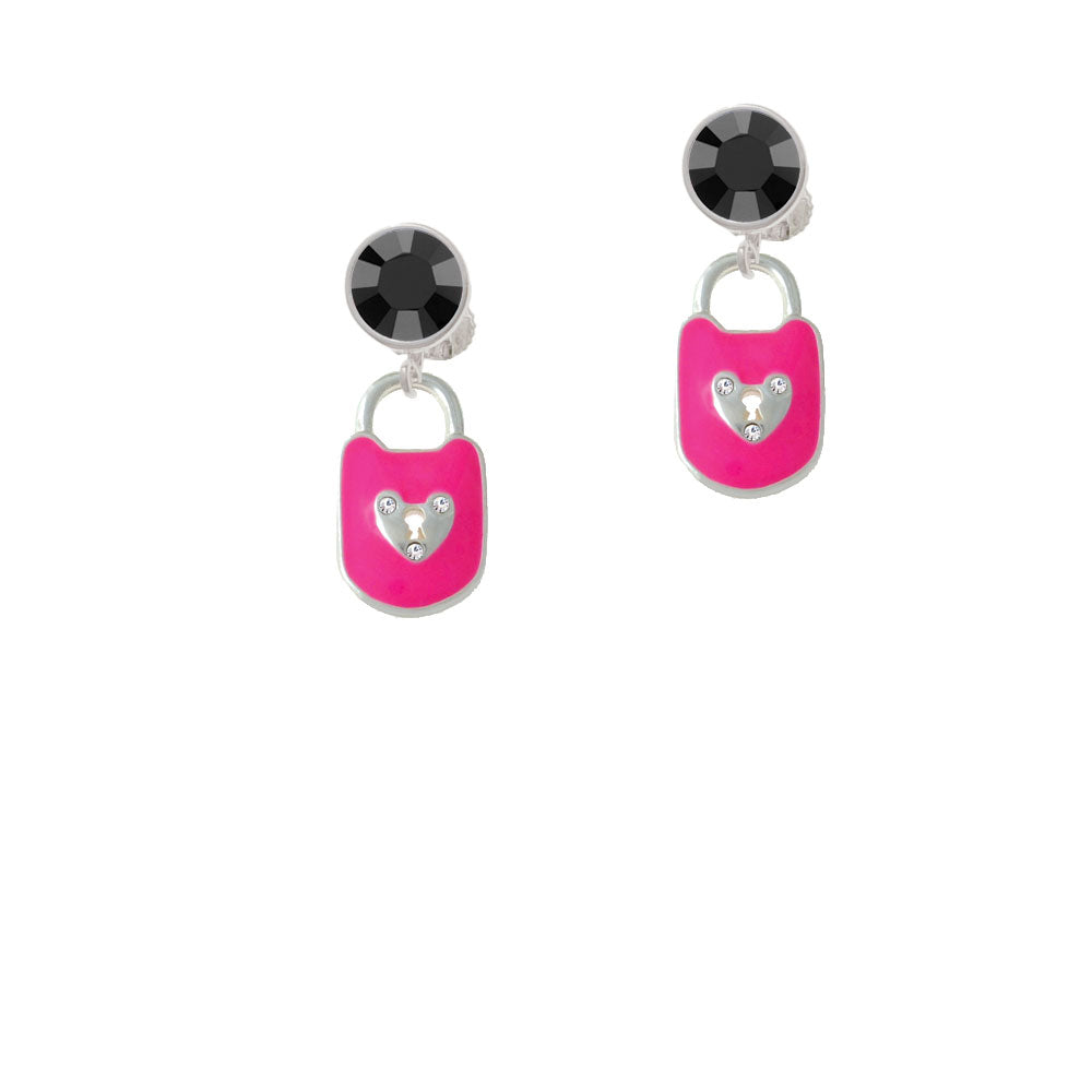 Hot Pink Enamel Lock with Clear Crystals Crystal Clip On Earrings Image 3